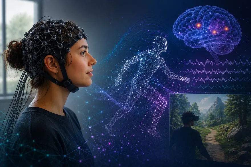 Illustration of a person wearing a mobile EEG cap next to a virtual avatar in a nature scene